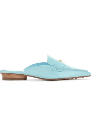 Tory Burch Sko, Dame, Blå, 38 EU, Læder, Blå laklæder slipper med gyldent logo
