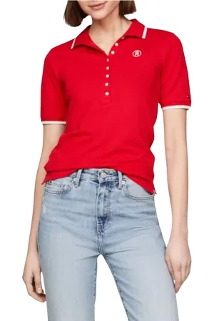 Tommy Hilfiger Top, Dame, Rød, M, Bomuld, Slim Tipping Lyocell Polo