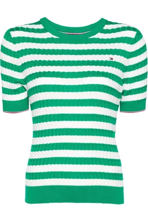 Tommy Hilfiger Strik, Dame, Grøn, L, Bomuld, Grøn Bomulds T-shirt med Korte Ærmer