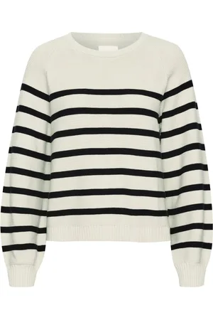 Part Two Strik, Dame, Flerfarvet, XL, Bomuld, Mørkeblå stribet sweater med pufærmer