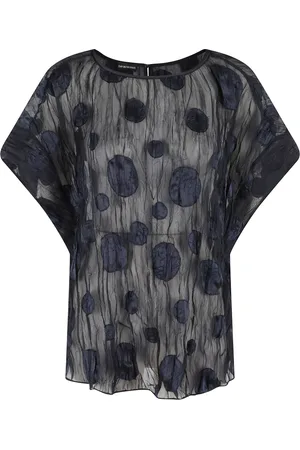 Emporio Armani Bluser & Skjorter, Dame, Blå, 2XS, Polyester, Blomstret Broderet Top Dyb Blå Kort Ærme