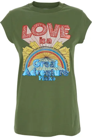 Pinko Top, Dame, Grøn, S, Bomuld, Grafisk Print Bomulds T-shirt