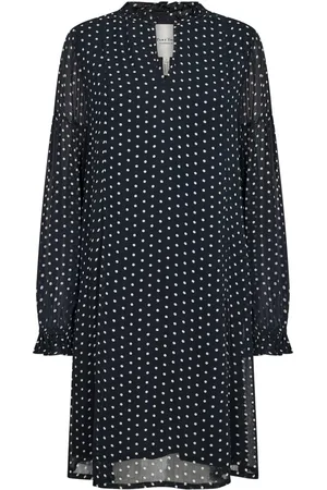 Part Two Kjole, Dame, Blå, XS, Navy Prikket Kjole med Lange Ærmer