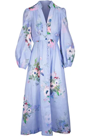 ZIMMERMANN Kjole, Dame, Blå, S, Linen V-Neck Kjole