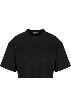 Emporio Armani Top, Dame, Sort, S, Bomuld, Sort Jersey Stretch T-shirt med Rhinestone Eagle