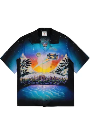 Casablanca Skjorte, Herre, Blå, L, MultiColour Cuban Collar Short Sleeve Skjorte