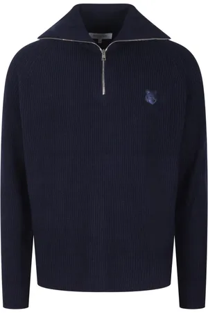 Maison Kitsuné Strik, Herre, Blå, L, Uld, Bold Fox Uldblandet Lynlåstrøje