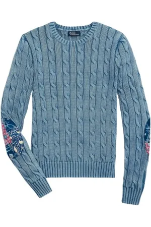 Ralph Lauren Strik, Dame, Blå, S, Bomuld, Twisted Knit Albue Patch Sweater