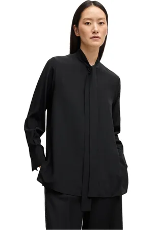HUGO BOSS Bluser & Skjorter, Dame, Sort, 2XL, Silkebluse med sløjfekrave