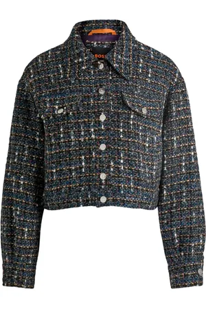 HUGO BOSS Jakke, Dame, Sort, XL, Tweed, Kort tweedjakke med brandede knapper