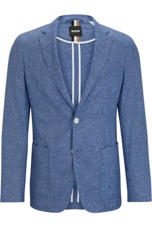 HUGO BOSS Jakkesæt, Herre, Blå, L, Linned, Elegant Slim Fit Jakke med Mikro Mønster