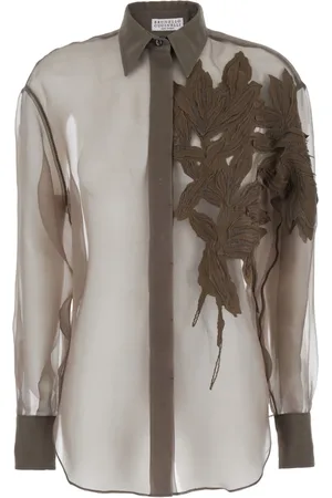 Brunello Cucinelli Bluser & Skjorter, Dame, Brun, 2XL, Brun Silke Skjorte med Broderi