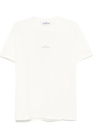 Stone Island Top, Herre, Hvid, S, Bomuld, Logo Print Crewneck T-shirt