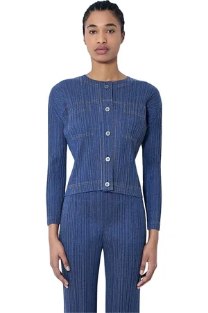 Issey Miyake Strik, Dame, Blå, 2XL, Bomuld, Plisseret Button-Down Top