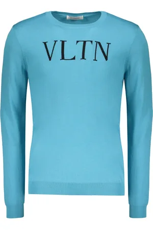 VALENTINO GARAVANI Strik, Herre, Blå, L, Bomuld, Ribstrikket sweater med rund hals og logo foran
