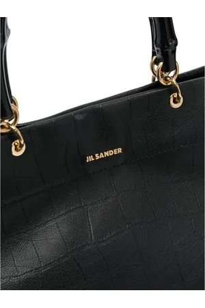 Jil Sander Taske, Dame, Sort, ONE SIZE, Uld, Sort krokodillepræget tote taske med guldfarvet hardware