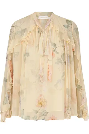 ZIMMERMANN Bluser & Skjorter, Dame, Gul, XS, Bluse med blomsterprint og flæsedetaljer