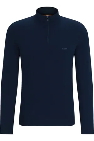 HUGO BOSS Strik, Herre, Blå, L, Uld, Blå uld turtleneck med lynlås og broderet logo