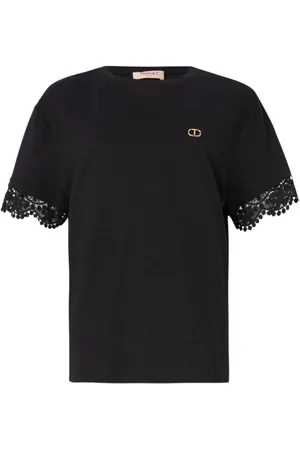 Twin-Set Top, Dame, Sort, S, Bomuld, Sort T-shirt med makrameblonder