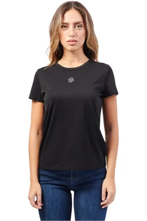HUGO BOSS Top, Dame, Sort, M, Bomuld, Sort T-shirt med dobbelt B-monogram