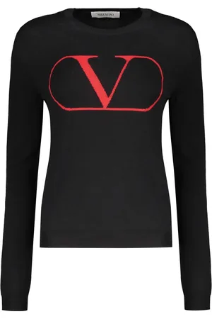 VALENTINO GARAVANI Strik, Dame, Sort, S, Uld, Ribstrikket uldsweater med logo foran