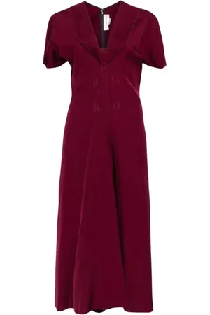 Victoria Beckham Kjole, Dame, Rød, M, Burgundy Midi Kjole Flæse Kort Ærme