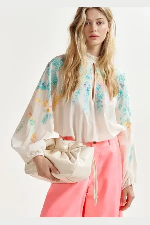 Essentiel Antwerp Bluser & Skjorter, Dame, Hvid, S, Blomstret broderet bluse i hvid, orange og pink