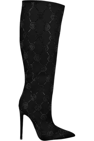 Philipp Plein Sko, Dame, Sort, 39 EU, Læder, Krystal Monogram Stiletstøvler