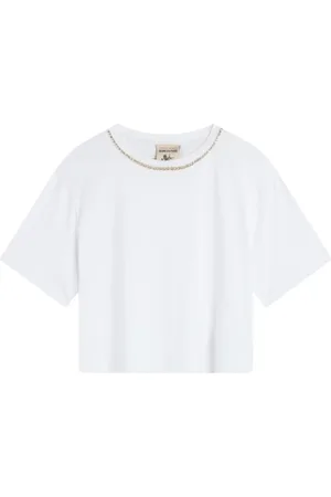 SEMICOUTURE Top, Dame, Hvid, S, Bomuld, Marina Bomuld T-shirt med Rhinestone Broderi