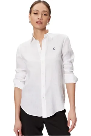 Ralph Lauren Bluser & Skjorter, Dame, Hvid, L, Linned, Casual Linnedskjorte med Broderet Logo