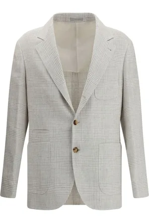 Brunello Cucinelli Jakke, Herre, Grå, L, Linned, Ternmønstret Linnedblazer med Revers