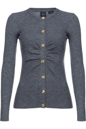 Pinko Strik, Dame, Grå, XS, Uld, Ribstrikket uldcardigan med Love Birds-knapper