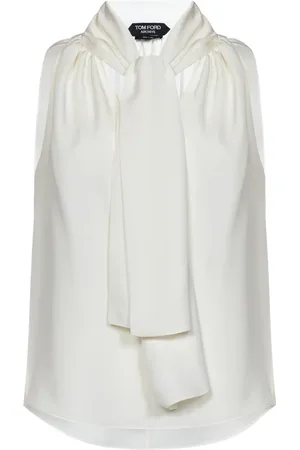 Tom Ford Top, Dame, Hvid, 2XS, Hvid Silk Georgette Top med Lavallière Krave