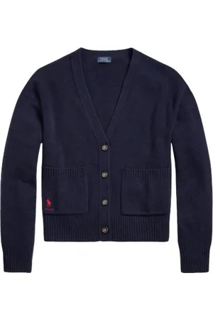 Ralph Lauren Strik, Dame, Blå, 2XL, Uld, Cashmere Uld Cardigan med Polo-spiller Broderi