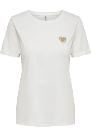 ONLY Top, Dame, Hvid, M, Bomuld, Guld Glitter Hjerte Bomuld T-Shirt