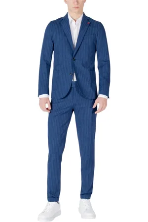MULISH Jakkesæt, Herre, Blå, S, Bomuld, Blå Pinstripe V-Neck Suit
