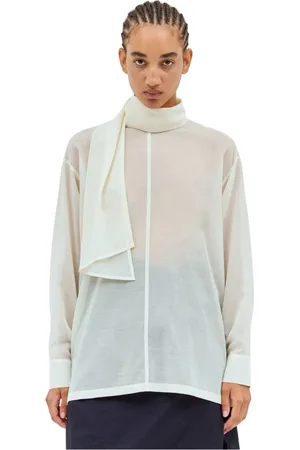 Issey Miyake Bluser & Skjorter, Dame, Hvid, L, Uld, Uldblanding Sheer Skjorte med Sjal