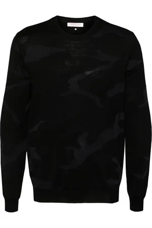 VALENTINO GARAVANI Strik, Herre, Sort, XL, Uld, Crew Neck Camouflage Sweater