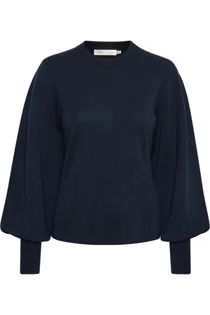 INWEAR Bluser & Skjorter, Dame, Blå, 2XL, Uld, Marineblå sweater med pufærmer