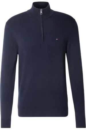 Tommy Hilfiger Strik, Herre, Blå, 2XL, Bomuld, Blå Mock Neck Half Zip Sweater