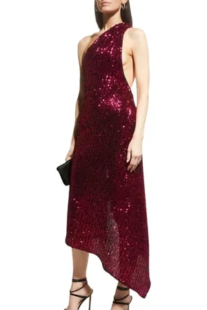 Pinko Kjole, Dame, Rød, S, Uld, One-Shoulder Sequin Lang Kjole