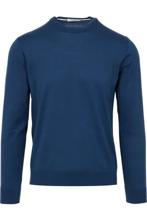 Paolo Pecora Strik, Herre, Blå, 2XL, Bomuld, Blå Silke Bomuld Sweater Ribbet Crew