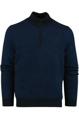 HUGO BOSS Strik, Herre, Blå, XL, Uld, Blå Uld Half-Zip Sweater