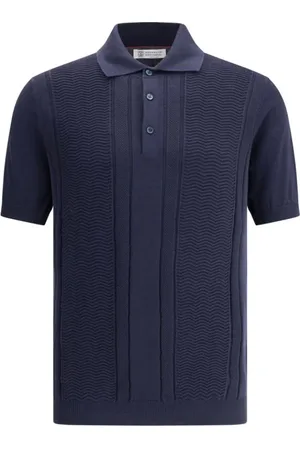Brunello Cucinelli Top, Herre, Blå, L, Bomuld, Klassisk Strikket Polo Skjorte med Knaplukning