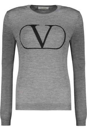 VALENTINO GARAVANI Strik, Dame, Grå, S, Uld, Ribstrikket sweater med rund hals og logo foran