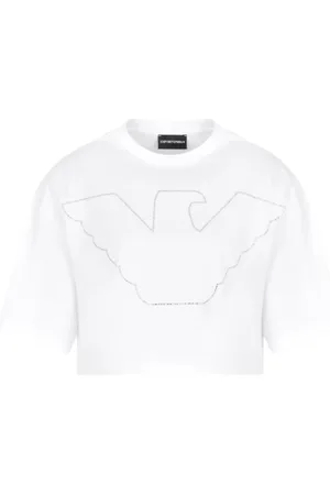 Emporio Armani Top, Dame, Hvid, M, Bomuld, Hvid Cropped T-shirt med Strass Ørn