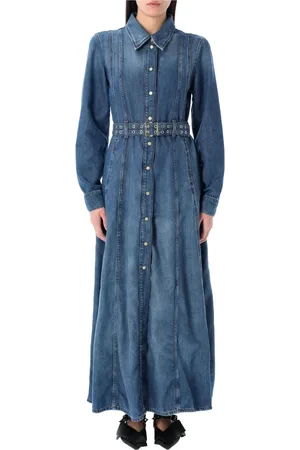 Ganni Kjole, Dame, Blå, XS, Denim, Blå Denim Maxi Kjole med Bælte