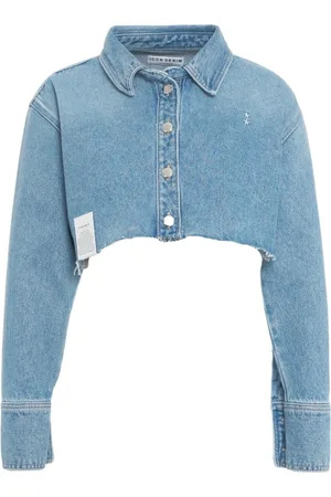 Icon Denim Bluser & Skjorter, Dame, Blå, M, Uld, Blå Cropped Denim Skjorte Stilfuld Knap