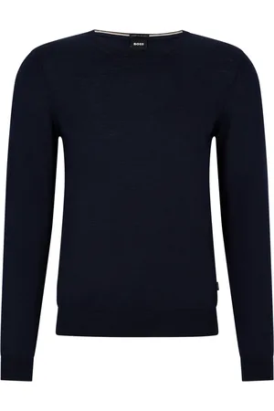 HUGO BOSS Strik, Herre, Blå, 2XL, Uld, Slim-fit sweater i merinould med rund hals