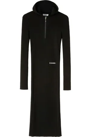 Jil Sander Kjole, Dame, Sort, XS, Uld, Ribstrikket Hætte Midi Kjole